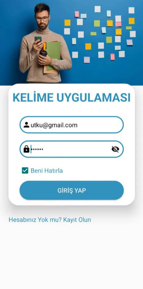 Utku YURT | Kelime Ezberleme Uygulaması Mobil Uygulama Giriş Yap Sayfası Login Page